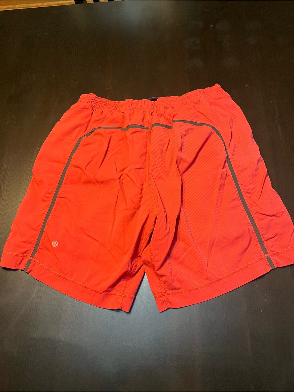 lululemon athletica Coral Red Athletic Shorts with Gray Side Stripe - Picture 3 of 8